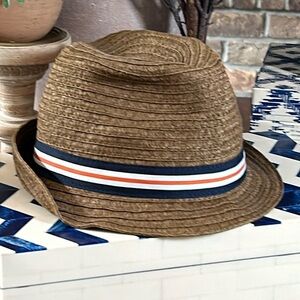 Little Boys Gymboree Brown Straw Fedora Hat Orange Navy Blue White Striped Band